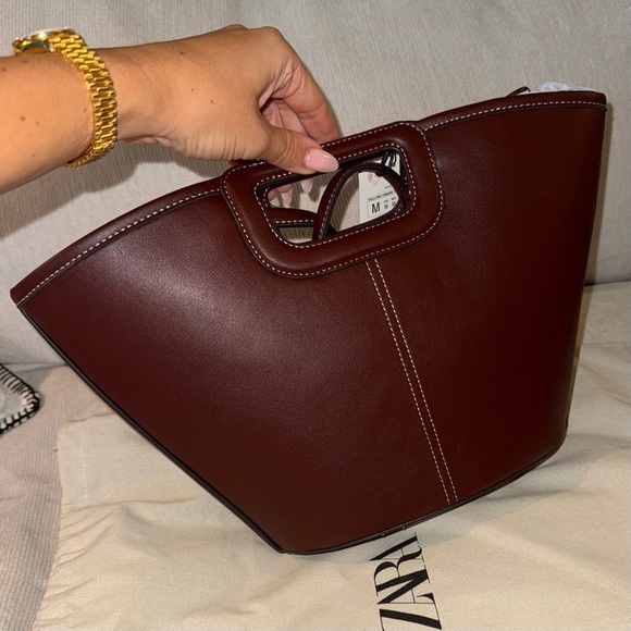 NWT Zara Topstitched Shopper Bag Tote Shoulder Brown Burgundy Red New Rare - Picture 7 of 8